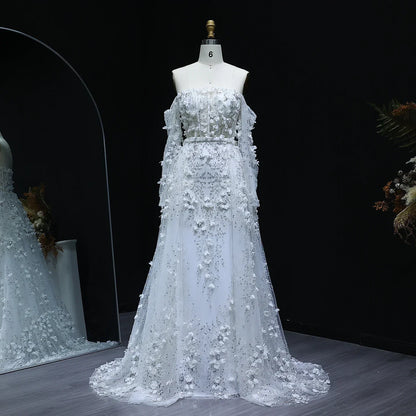 3D Flowers Evening Dress with Overskirt Long Sleeves