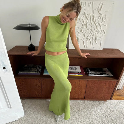 Solid Knit Sleeveless Top Long Skirt Set