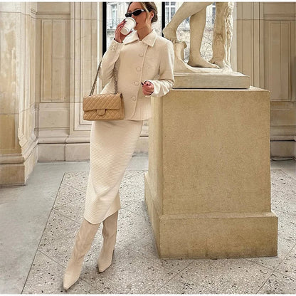 Solid Stand Collar Jackets and Skirts Suit