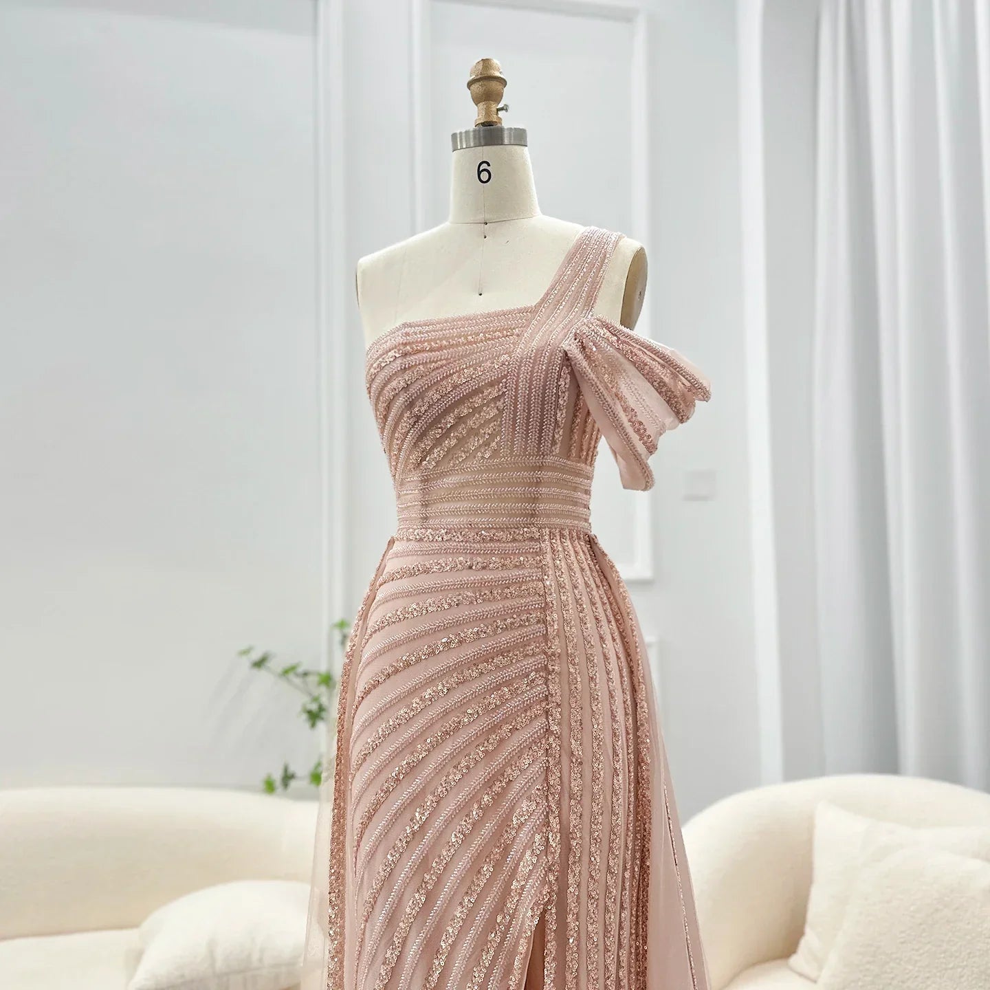 Sage Green One-Shoulder Evening Gown with Overskirt