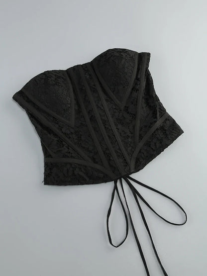 Lace Corset Patchwork Skirt And Gloves Set