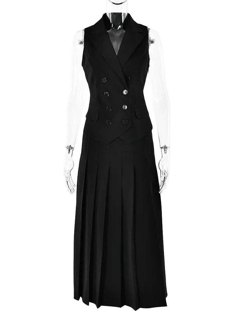 Notched Collar Pleated Skirt Suit Two Piece Sets