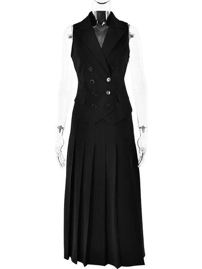 Notched Collar Pleated Skirt Suit Two Piece Sets