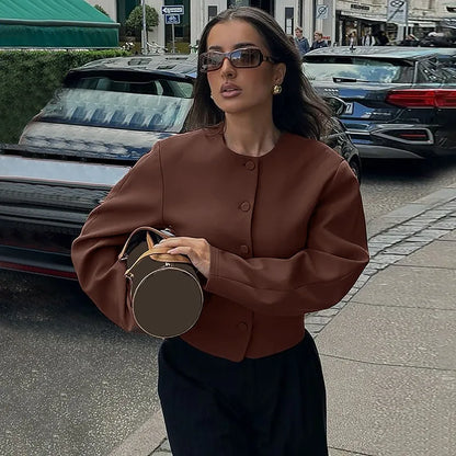 Round Neck Long Sleeve Jacket Mini Skirt Suit