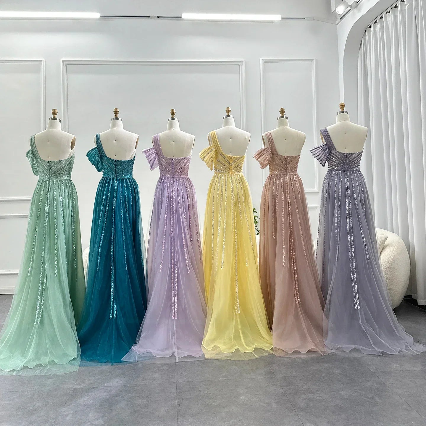 Sage Green One-Shoulder Evening Gown with Overskirt