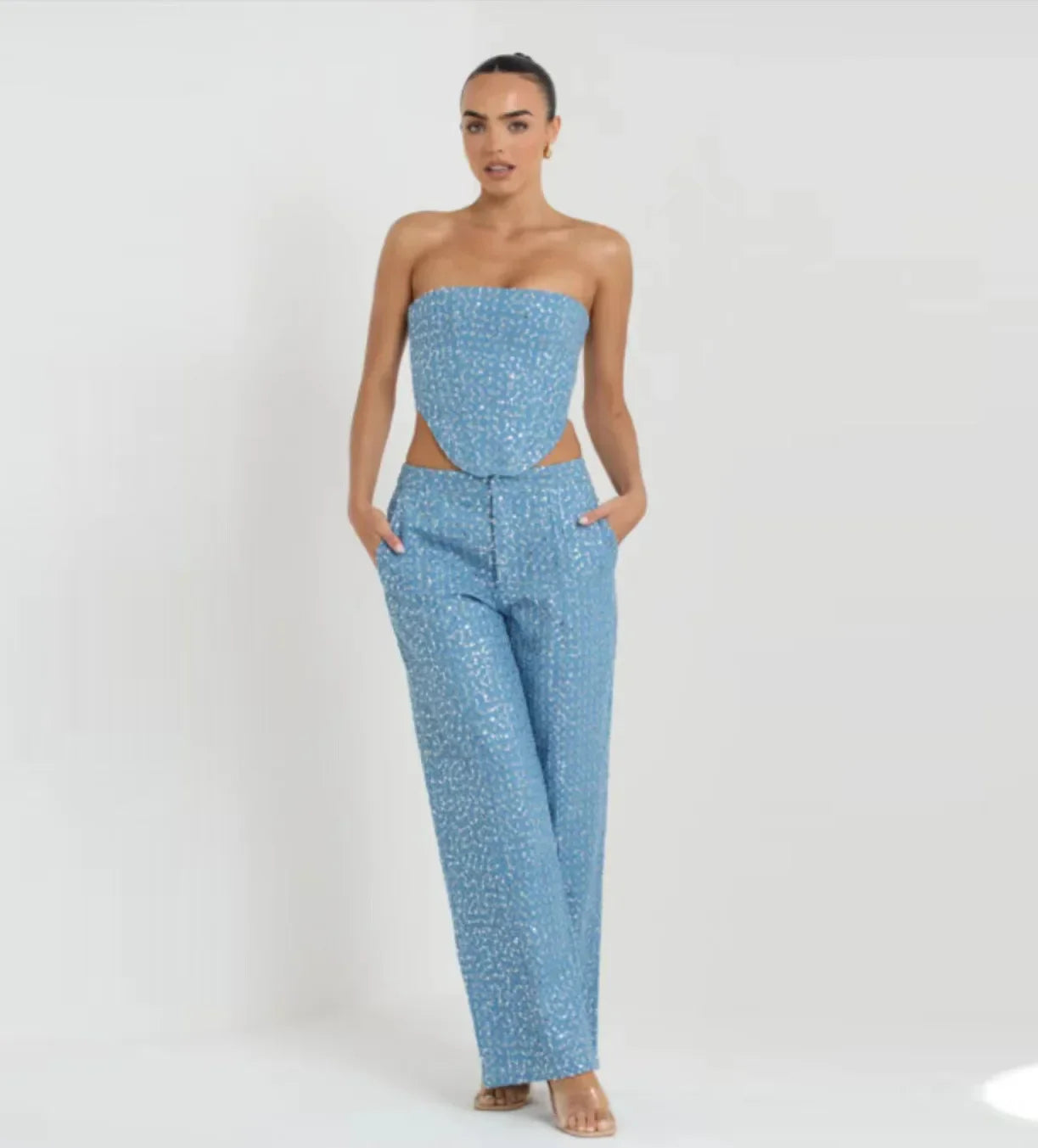 Sequins Strapless Short Skirt Denim Pants and Corset Set