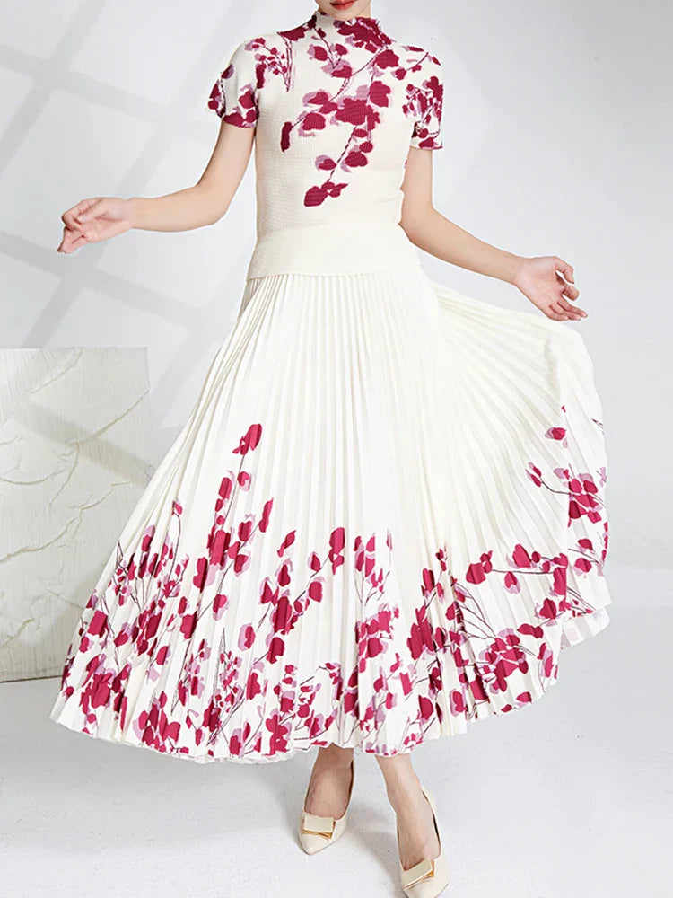 Printed Top and Pleated Long Skirt Suit