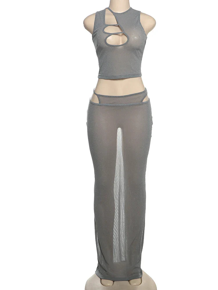 Solid Hollow Out Ankle-Length Skirt Suit