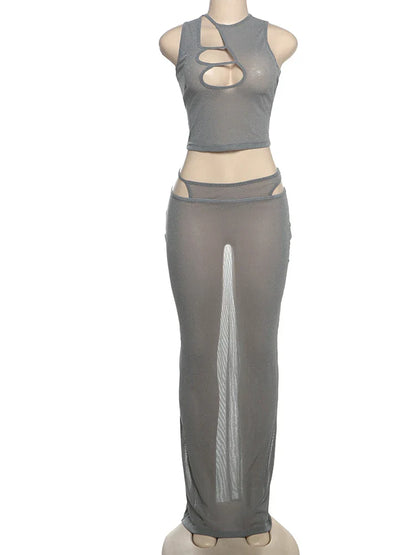 Solid Hollow Out Ankle-Length Skirt Suit
