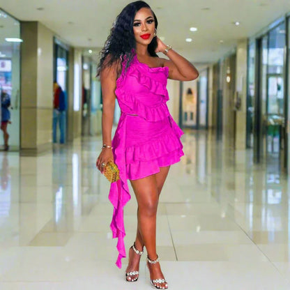 Ruffles Ribbons One Shoulder Top Mini Skirts Suits
