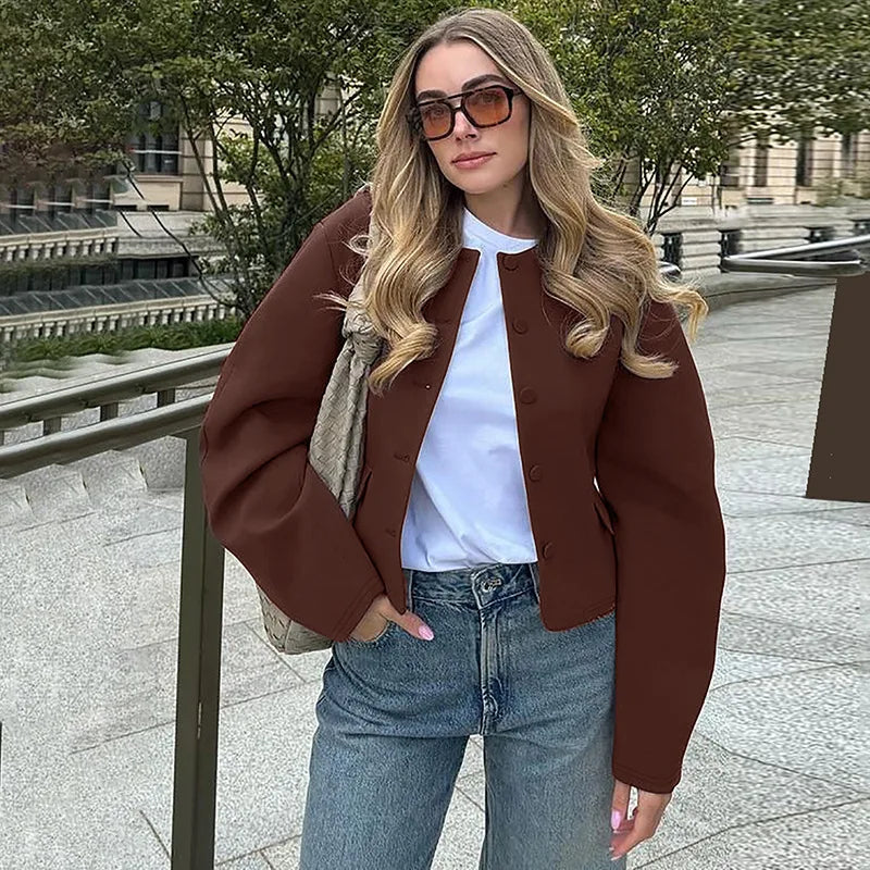 Round Neck Long Sleeve Jacket Mini Skirt Suit