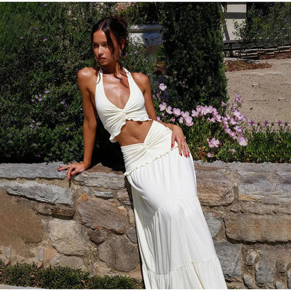 Halter Twist Crop Top and Pleated Long Skirt Suit