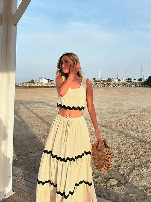 White and Black Stripe Crop Top Long Skirt Suit