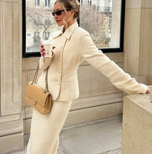 Solid Stand Collar Jackets and Skirts Suit