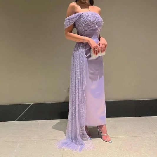 Off-Shoulder Lilac Evening Dress with Overskirt Beaded
