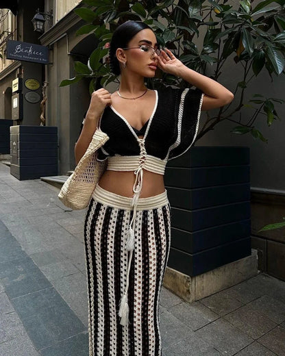 Striped Knitted Top and Long Skirt Set
