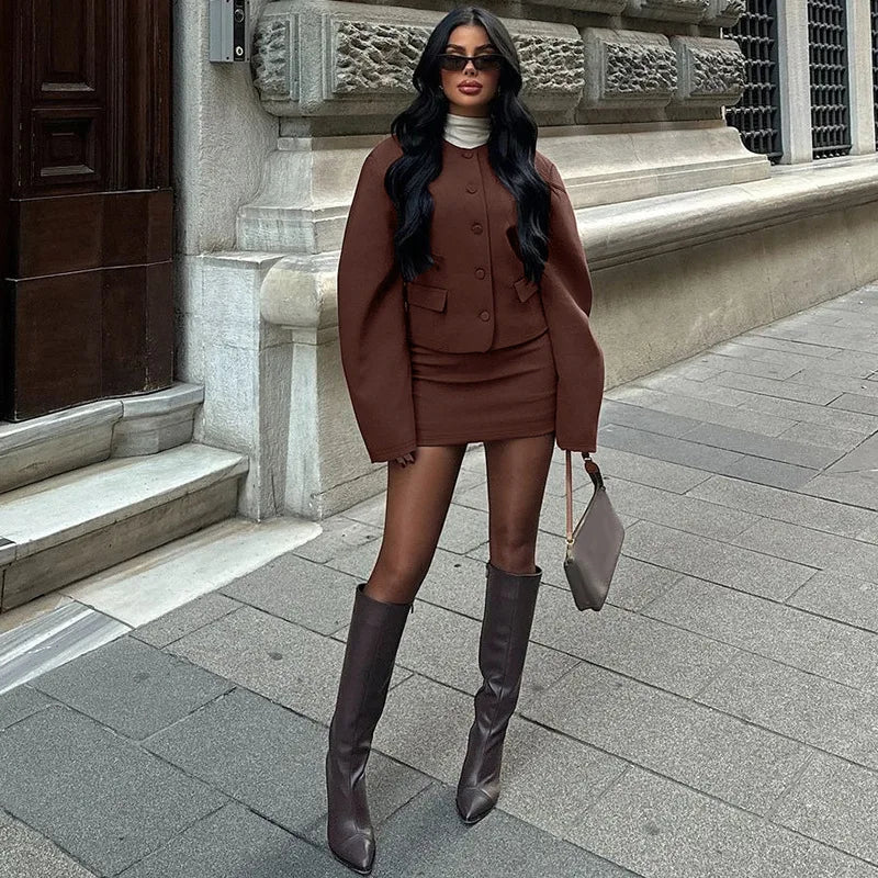 Round Neck Long Sleeve Jacket Mini Skirt Suit