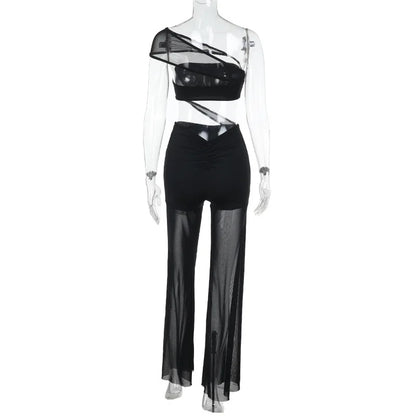 Mesh Patchwork One Piece Wide Leg Pants Jumpsuit
