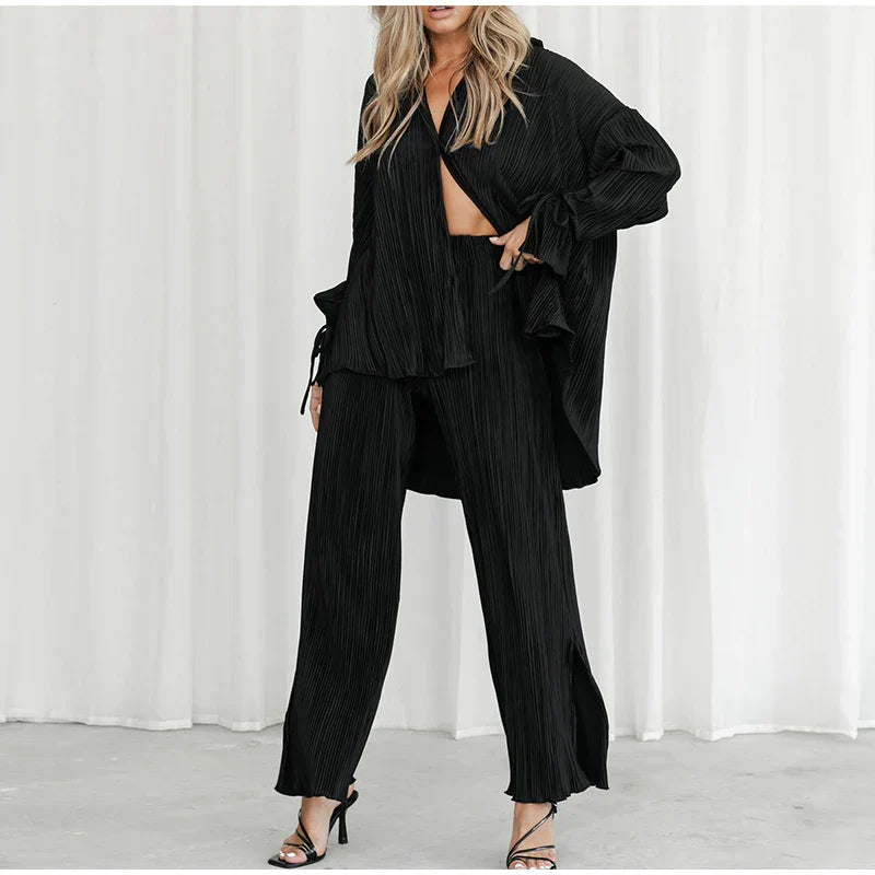 2 Piece Set Blouse Tops and Split Wide Leg Pants