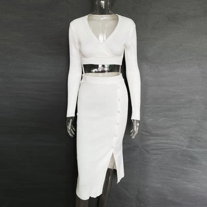 Knitted Top and Slit Midi Skirt Sets