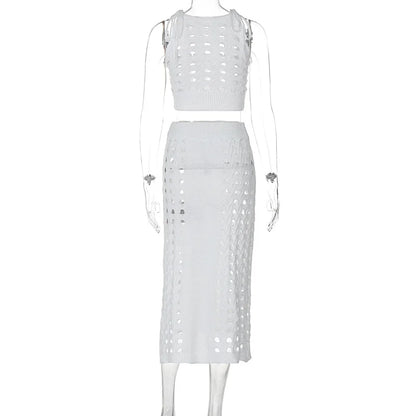Hollow Out Knitted Top Lace Up Split Long Skirt Suit