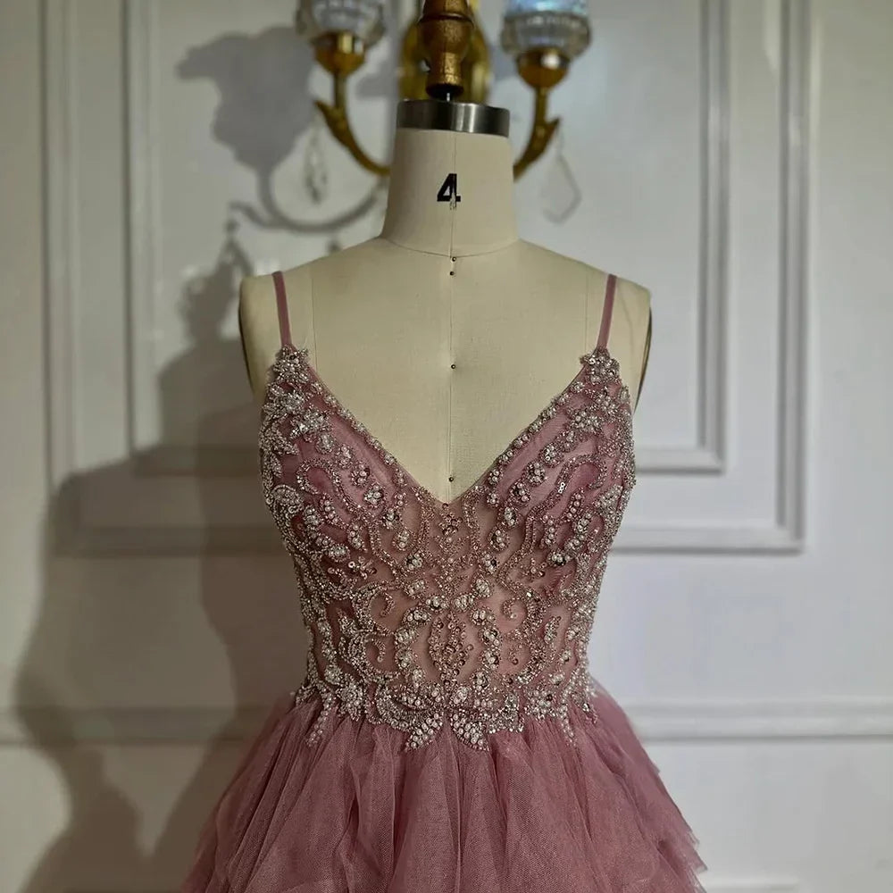 Pink Evening Gown Beaded Bodice and Layered Tulle Skirt