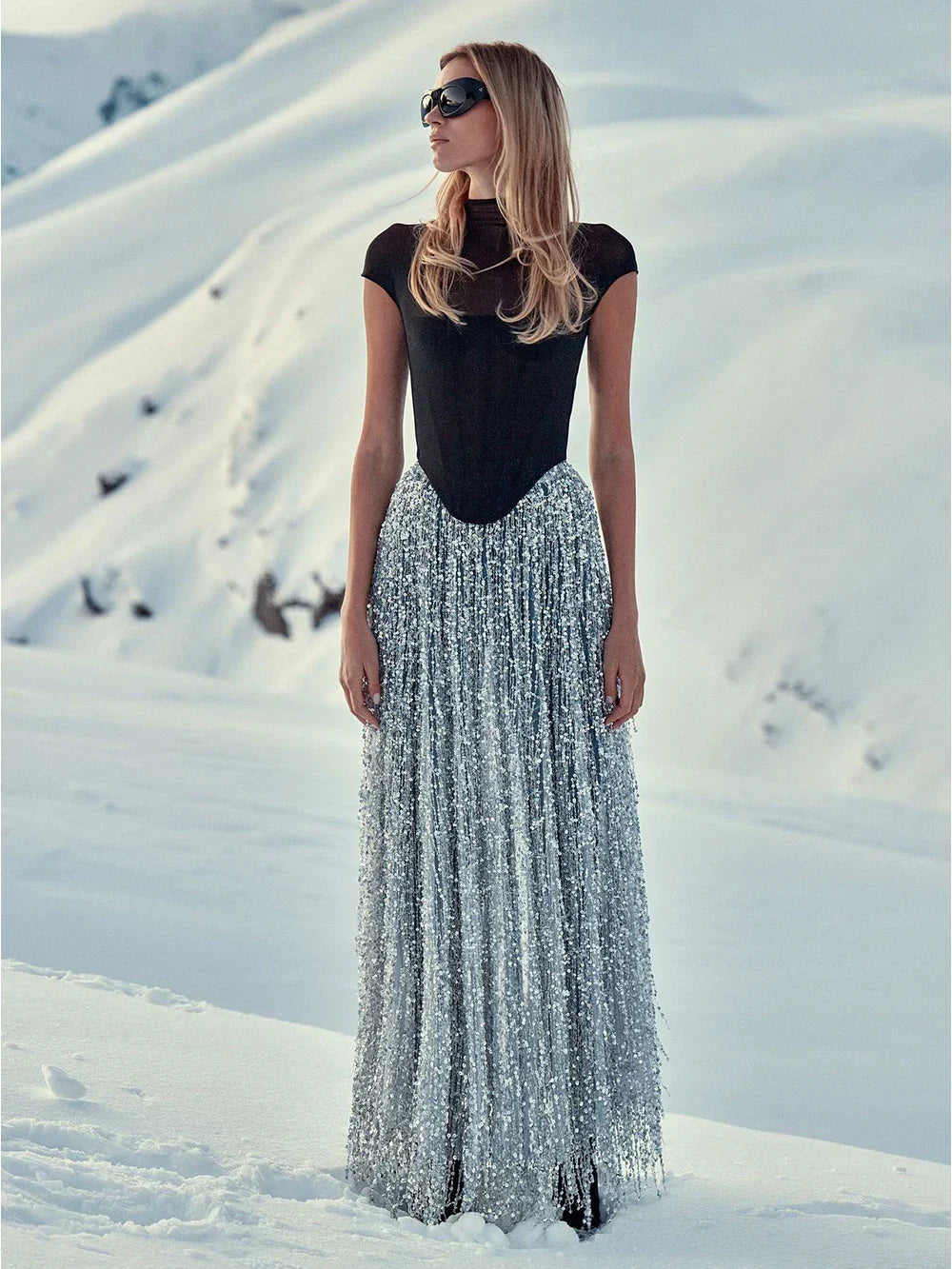 Black Fishbone Top Sequin Mesh Long Skirt Set