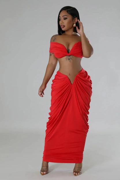 Pleated Strapless Crop Top and Long Skirt Suit
