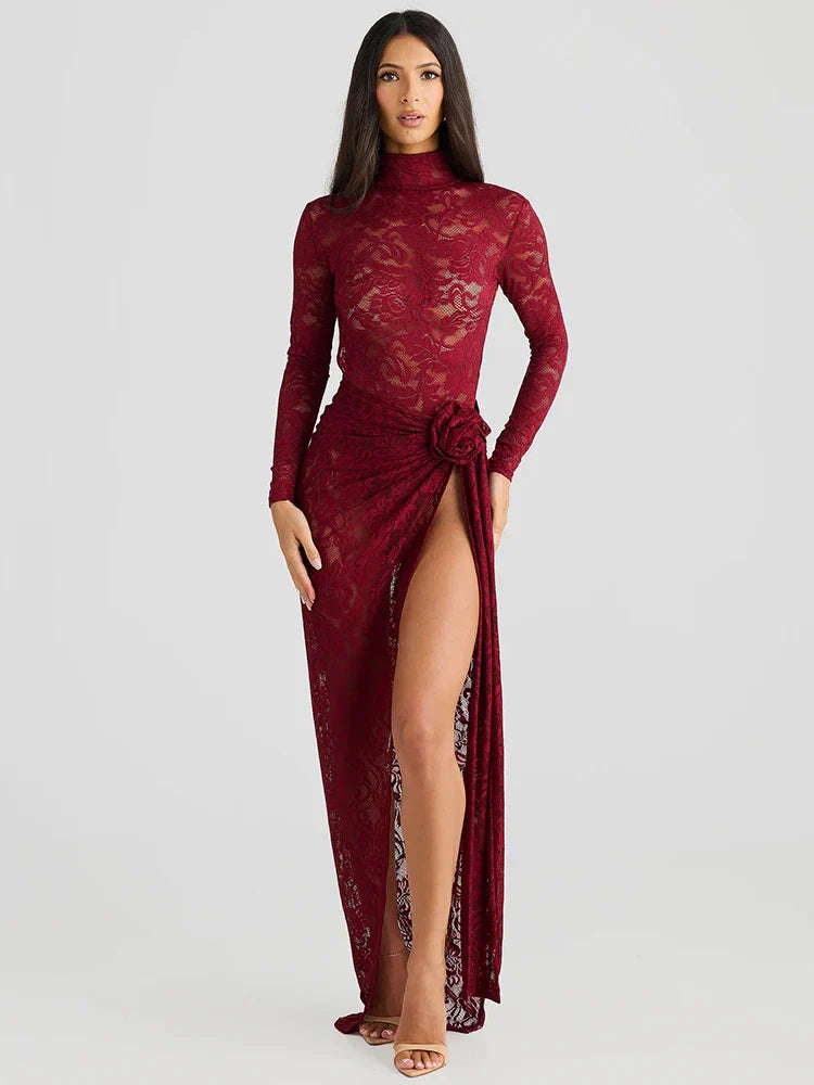 Turtleneck Top And Floral Split Long Skirt Sets