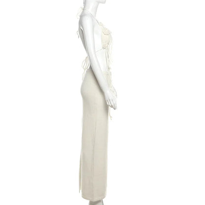 Floral Tassel Open Back Knitwear Long Skirt Sets