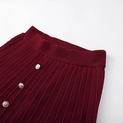 Slim Fit Elegant Burgundy Red Coat and Mini Skirt Set for Women