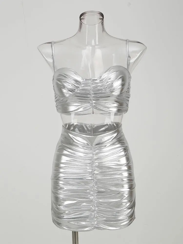 2 Piece Silvery Crop Top and High Waist Mini Skirts