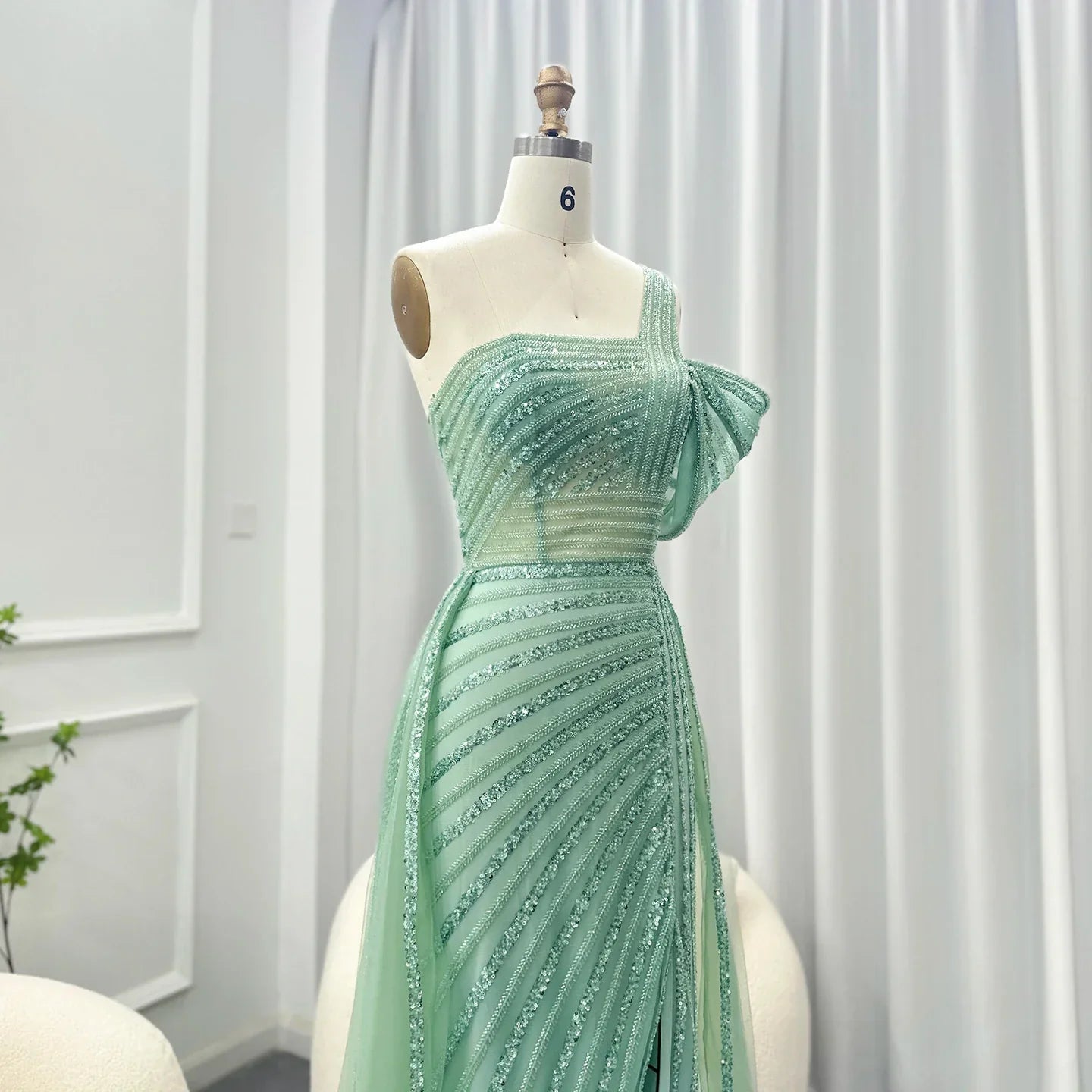 Sage Green One-Shoulder Evening Gown with Overskirt