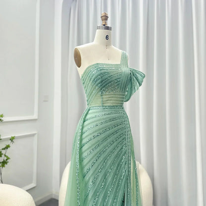Sage Green One-Shoulder Evening Gown with Overskirt