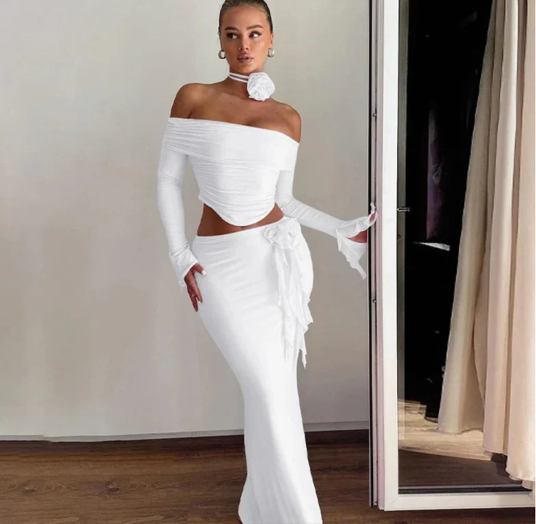 Off Shoulder Crop Top, Bodycon Maxi Skirt Set
