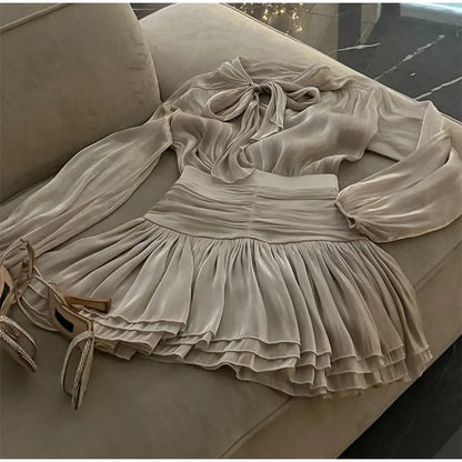 Long Lantern Sleeve Blouse and Pleated Skirt Suit