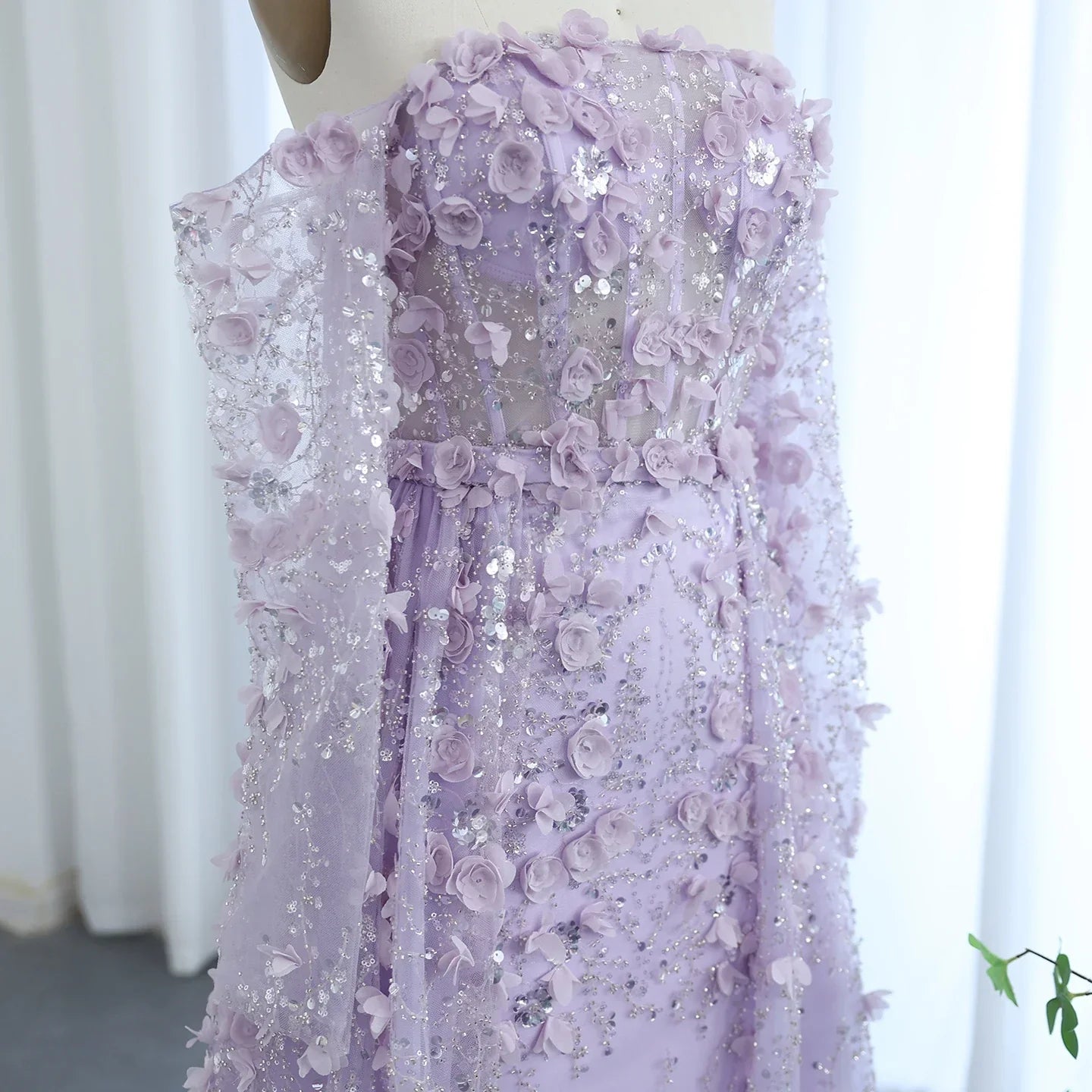 3D Flowers Evening Dress with Overskirt Long Sleeves