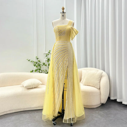Sage Green One-Shoulder Evening Gown with Overskirt