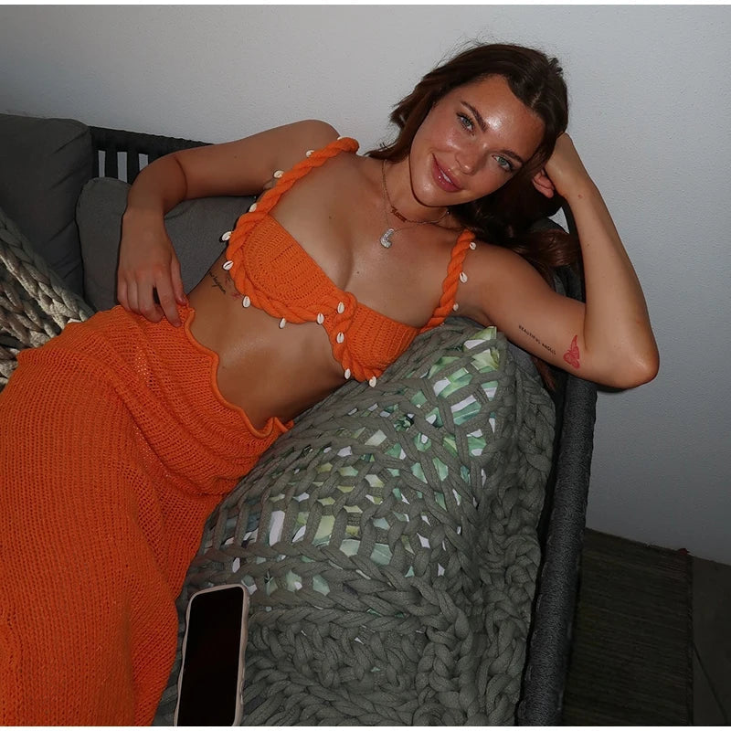 Shell Crop Tops Suit With Split Long Skirt