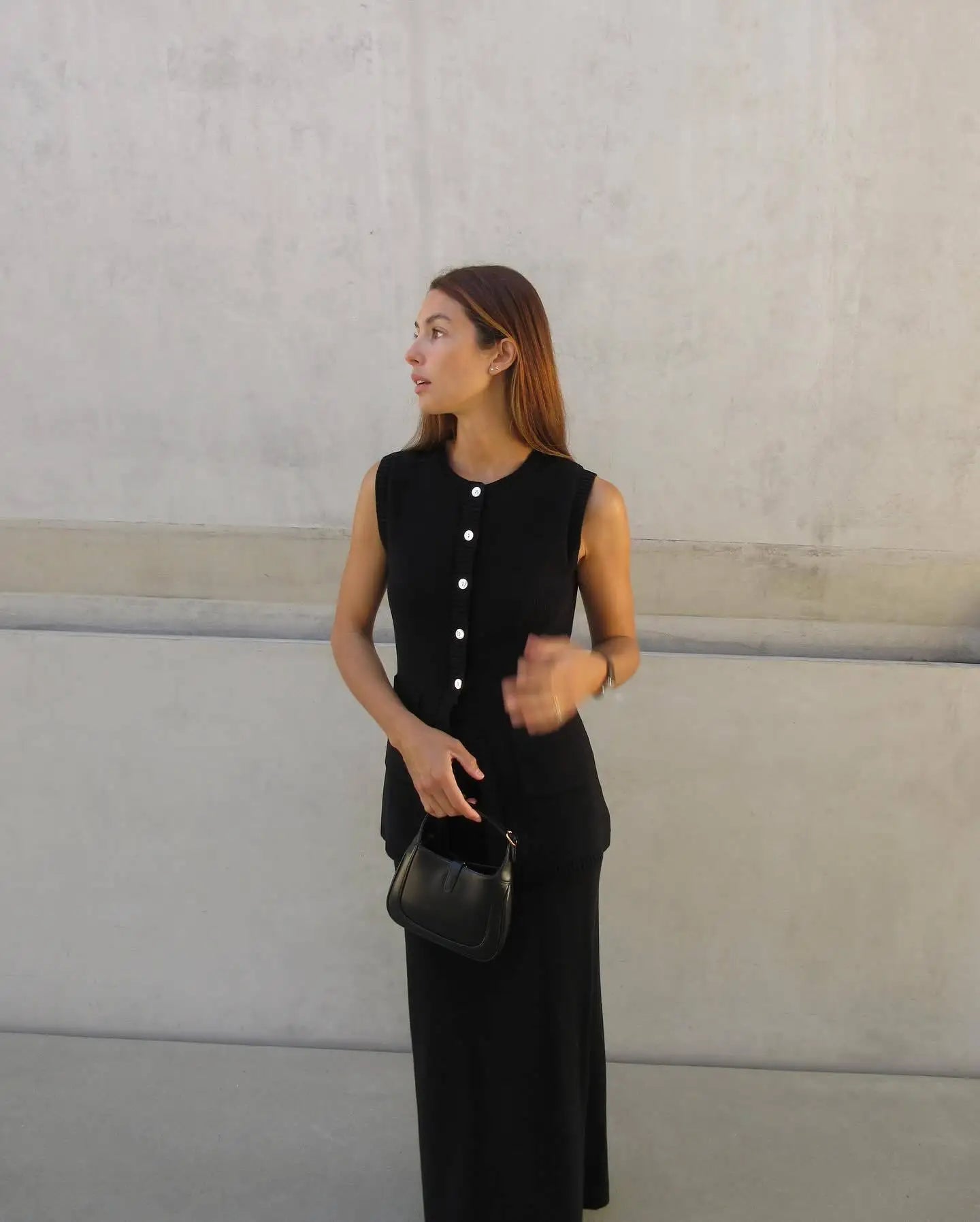 Knitted Sleeveless Top Slit High Waist Long Skirt Suit