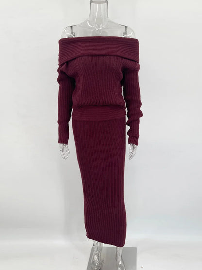 Knitted One-Shoulder Long Sleeves Sweater Skirt Suit