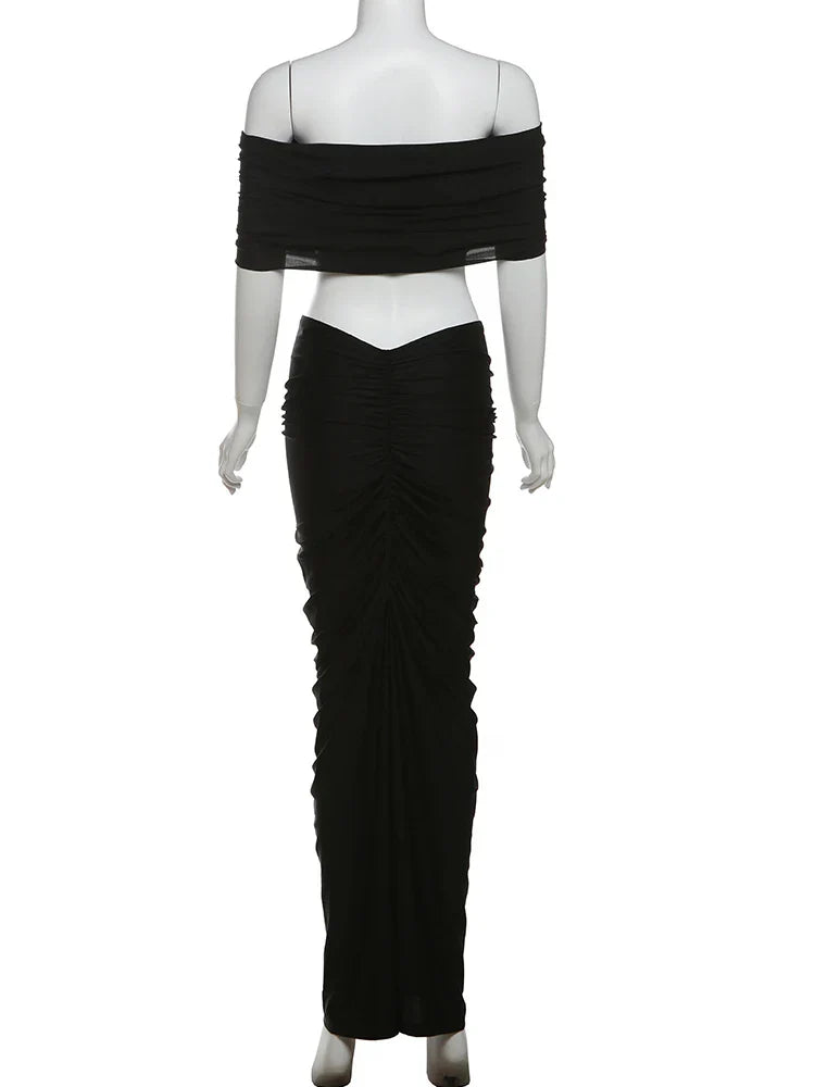 Solid Slash Neck Ankle-Length Skirt Suit