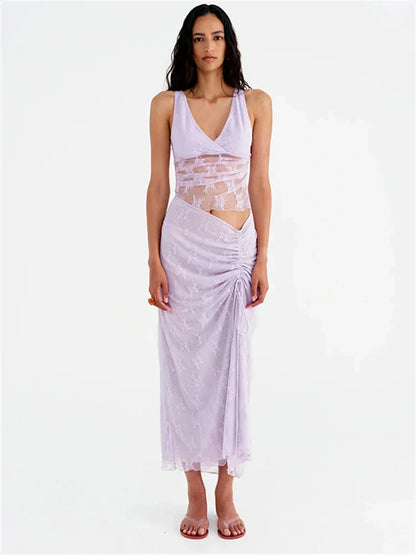 Elegant Summer Lace V-Neck 2-Piece Maxi Skirt Set