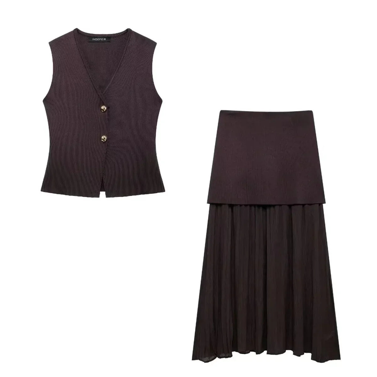 Button Knit Top Side Zipper Skirt Suit