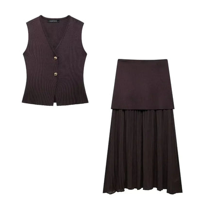 Button Knit Top Side Zipper Skirt Suit