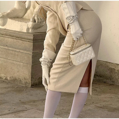 Solid Stand Collar Jackets and Skirts Suit