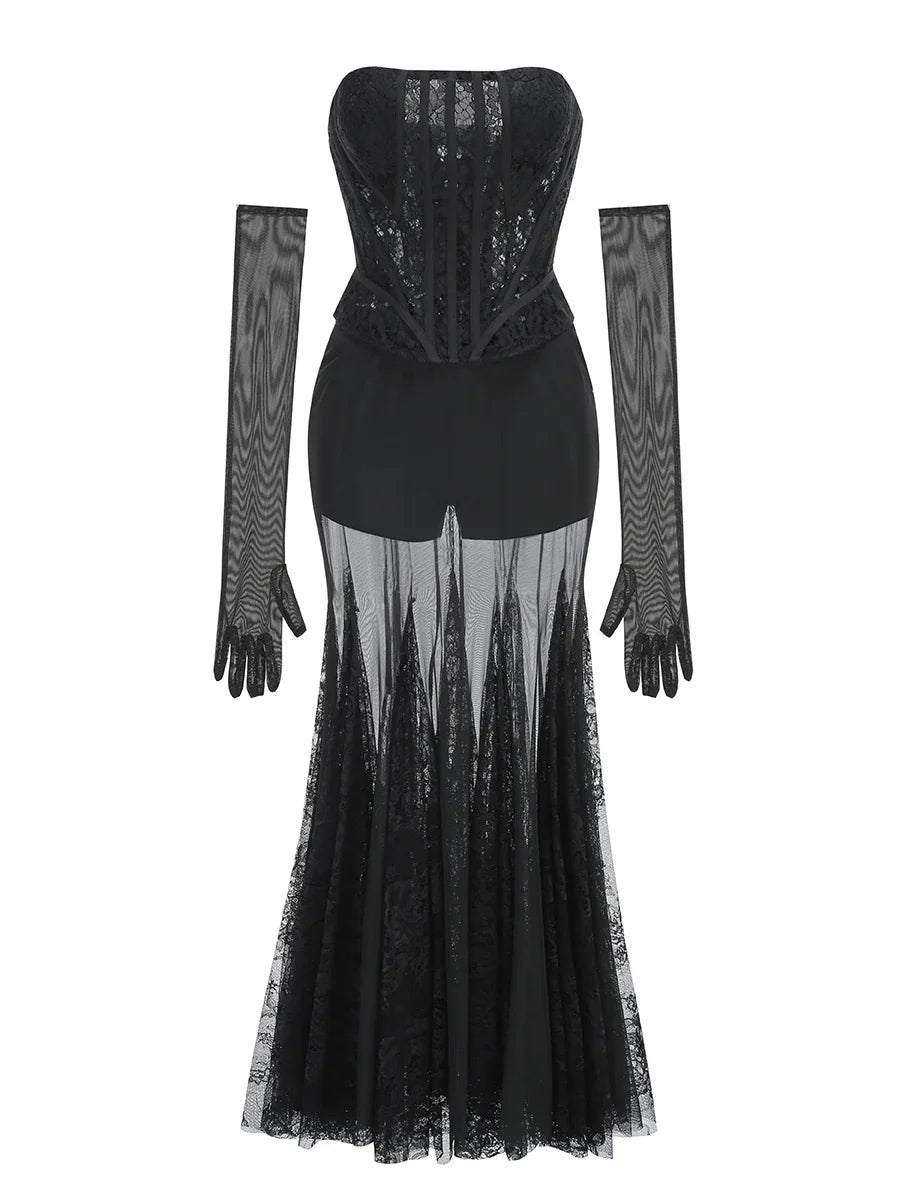 Lace Corset Patchwork Skirt And Gloves Set