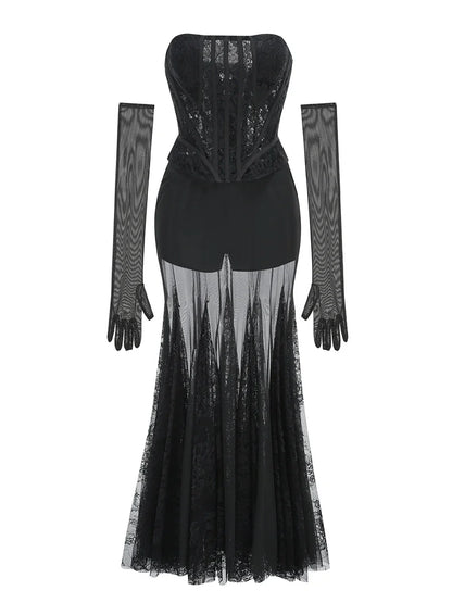 Lace Corset Patchwork Skirt And Gloves Set