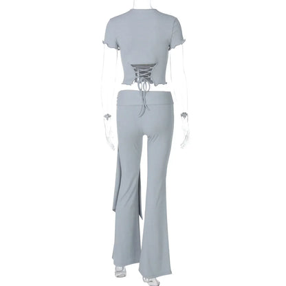 Lace-Up Navel Short Sleeve Top and Long Pants Set