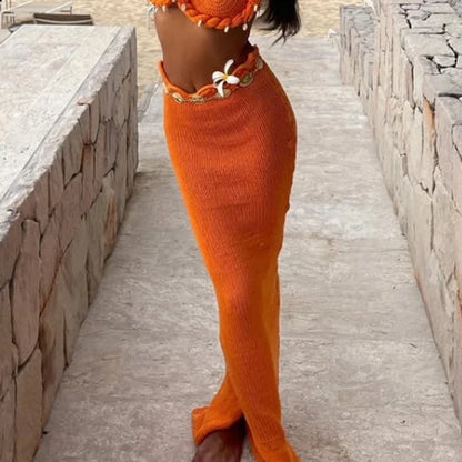 Shell Knitted Halter Top Split Fishtail Skirt Set